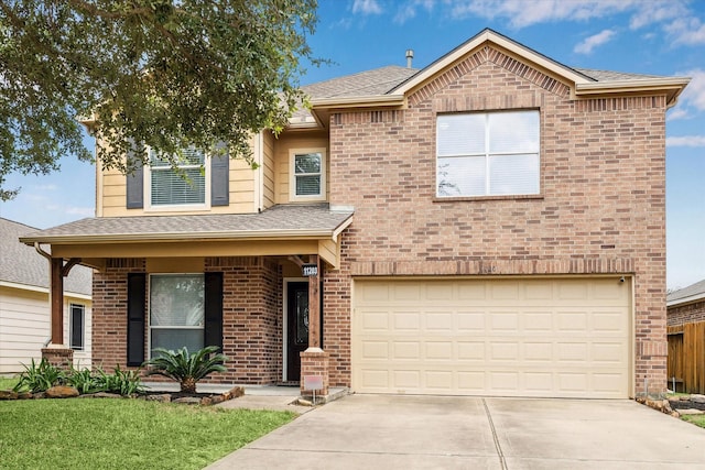 11203 Riata Canyon Dr, Cypress, TX 77433 - view of front facade with an attached garage, driveway, brick siding, and roof with shingles