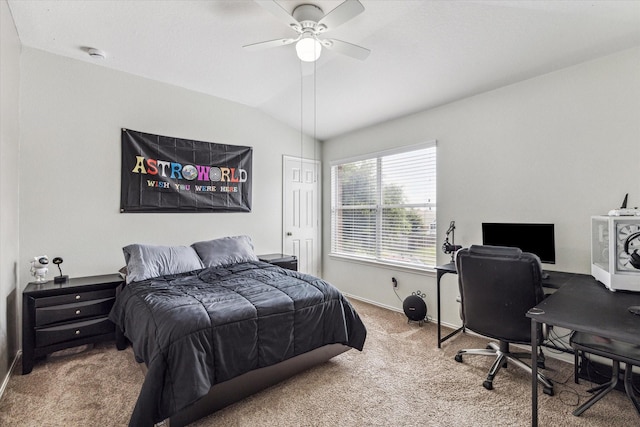 11203 Riata Canyon Dr, Cypress, TX 77433 - carpeted bedroom featuring lofted ceiling, baseboards, a ceiling fan, and a desk