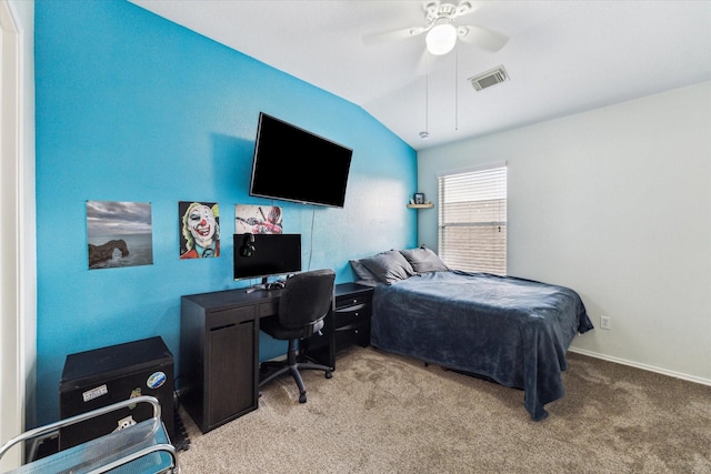 11203 Riata Canyon Dr, Cypress, TX 77433 - bedroom with carpet floors, lofted ceiling, an office area, a ceiling fan, and baseboards