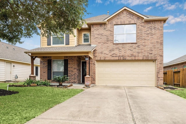 11203 Riata Canyon Dr, Cypress, TX 77433 - traditional-style home featuring a garage, brick siding, driveway, roof with shingles, and covered porch