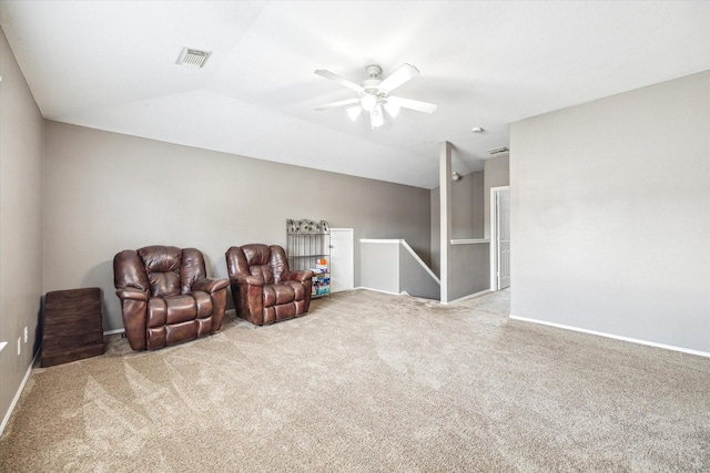 11203 Riata Canyon Dr, Cypress, TX 77433 - sitting room with an upstairs landing, vaulted ceiling, carpet, ceiling fan, and baseboards