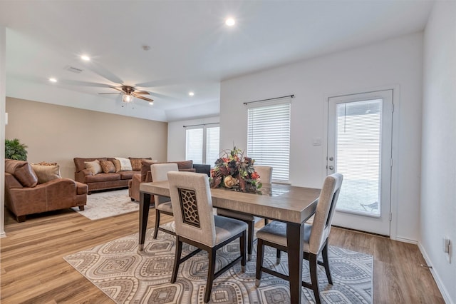 15007 Ashton Meadows Dr, New Caney, TX 77357 - dining room featuring light wood-type flooring, a ceiling fan, and recessed lighting