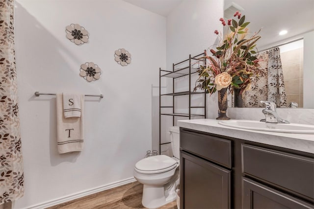 15007 Ashton Meadows Dr, New Caney, TX 77357 - bathroom featuring vanity, wood finished floors, toilet, a shower with shower curtain, and baseboards