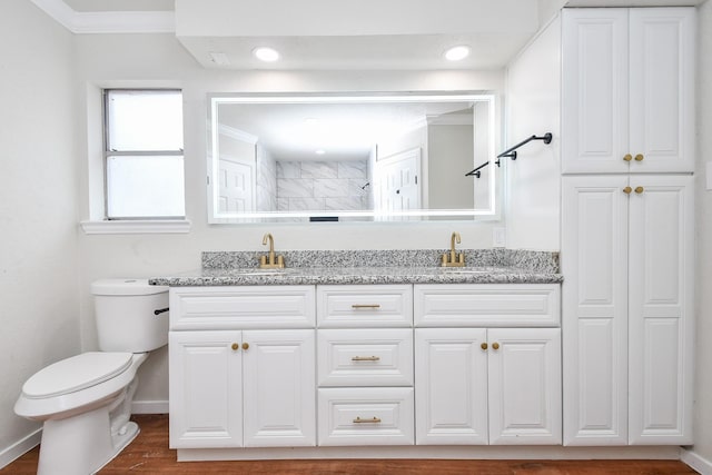 4618 Turf Valley Dr, Houston, TX 77084 - bathroom with double vanity, toilet, ornamental molding, baseboards, and wood finished floors