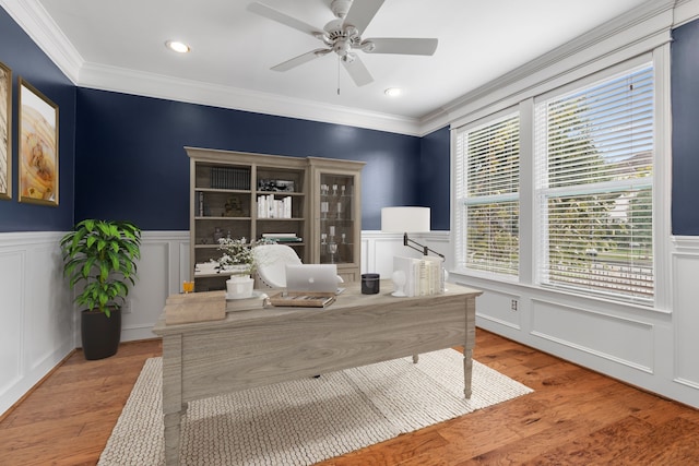 1510 Marshall St, Houston, TX 77006 - office space with a decorative wall, a ceiling fan, a wainscoted wall, ornamental molding, and wood finished floors