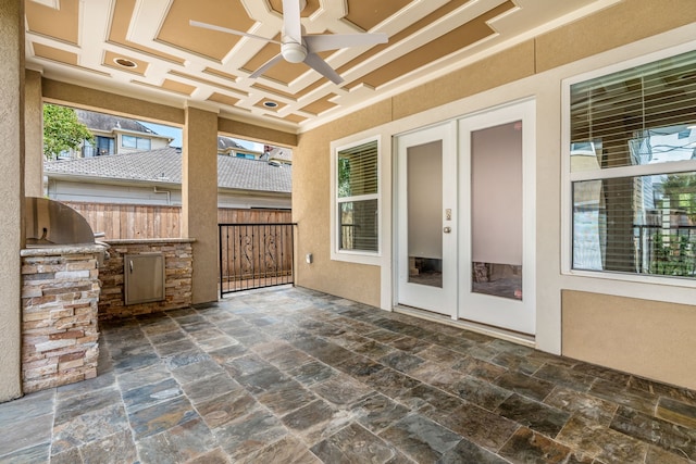 1510 Marshall St, Houston, TX 77006 - view of patio / terrace with exterior kitchen, ceiling fan, and french doors
