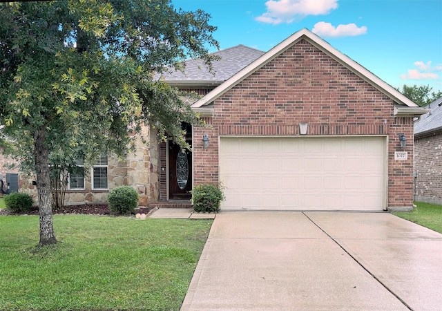 1027 Nantucket St, Pasadena, TX 77503 - view of front of house with driveway, a front lawn, brick siding, and an attached garage