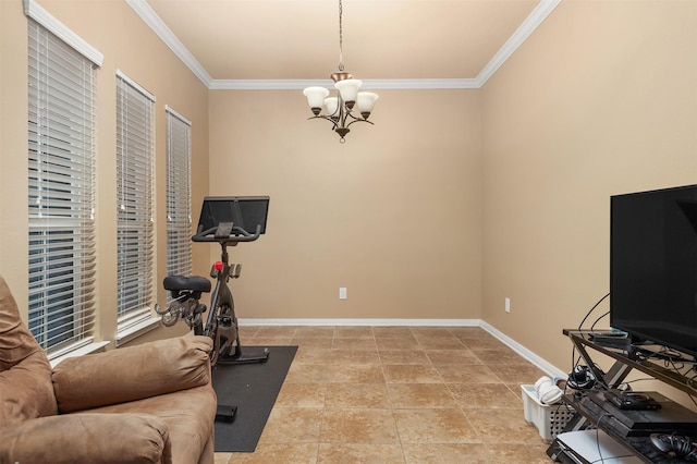 1027 Nantucket St, Pasadena, TX 77503 - workout room with a chandelier, crown molding, and baseboards
