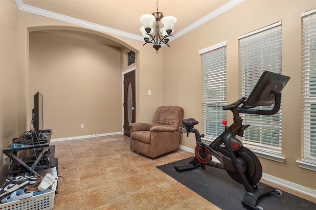1027 Nantucket St, Pasadena, TX 77503 - exercise area with arched walkways, crown molding, a chandelier, and baseboards