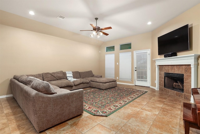 1027 Nantucket St, Pasadena, TX 77503 - living room with a ceiling fan, a tile fireplace, baseboards, recessed lighting, and lofted ceiling
