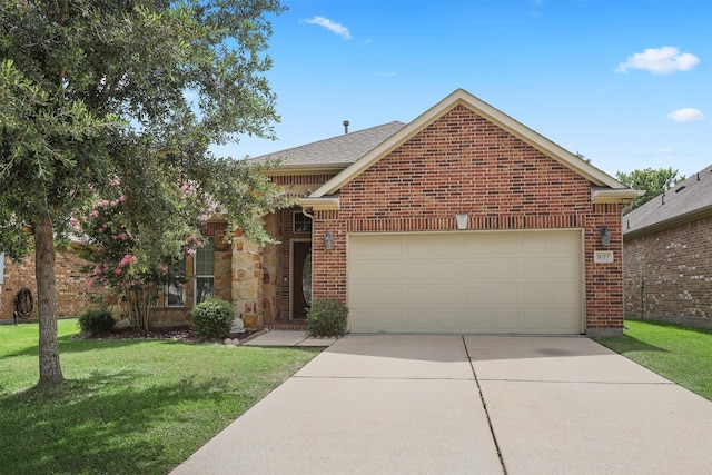 1027 Nantucket St, Pasadena, TX 77503 - traditional-style house with a garage, concrete driveway, a front lawn, brick siding, and a shingled roof