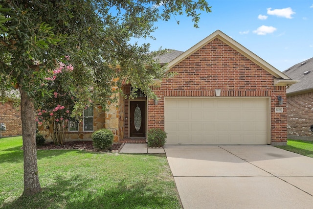 1027 Nantucket St, Pasadena, TX 77503 - view of front facade featuring brick siding, a garage, driveway, and a front yard