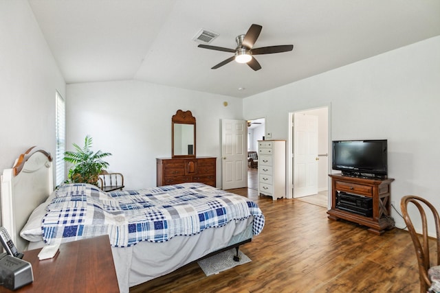 19119 Mossy Hedge Ln, Katy, TX 77449 - bedroom featuring wood finished floors, lofted ceiling, and ceiling fan