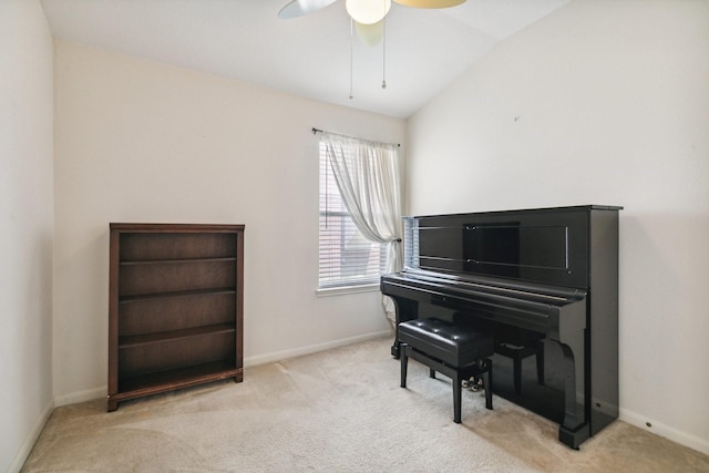 19119 Mossy Hedge Ln, Katy, TX 77449 - sitting room with light carpet, baseboards, vaulted ceiling, and a ceiling fan