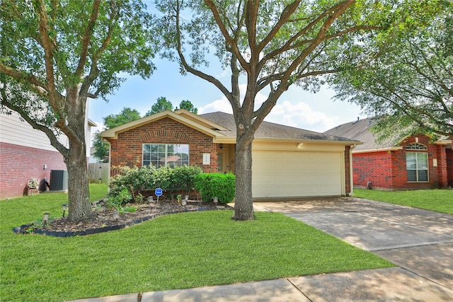 19119 Mossy Hedge Ln, Katy, TX 77449 - ranch-style house featuring an attached garage, brick siding, concrete driveway, central AC unit, and a front lawn