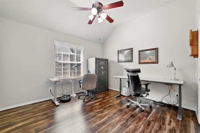 20688 Oakhurst Meadows Dr, Porter, TX 77365 - home office featuring a ceiling fan, wood finished floors, vaulted ceiling, and baseboards