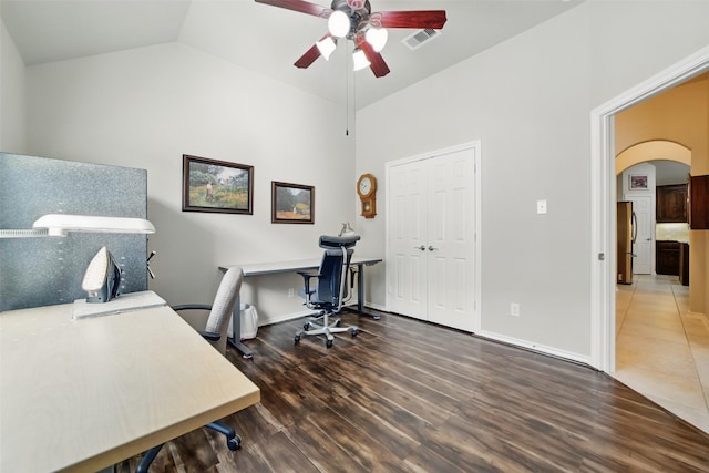 20688 Oakhurst Meadows Dr, Porter, TX 77365 - home office with ceiling fan, arched walkways, wood finished floors, lofted ceiling, and baseboards