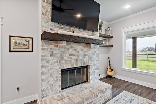 12078 County Road 175, Iola, TX 77861 - detailed view of crown molding, baseboards, a brick fireplace, and wood finished floors