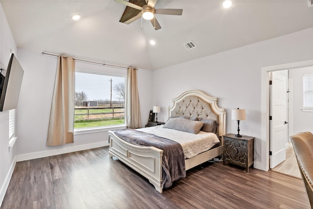 12078 County Road 175, Iola, TX 77861 - bedroom featuring dark wood-style floors, vaulted ceiling, baseboards, recessed lighting, and a ceiling fan
