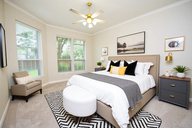 1902 Rosebay Ct, Sugar Land, TX 77479 - bedroom featuring light colored carpet, crown molding, baseboards, and a ceiling fan