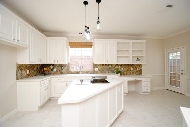 1902 Rosebay Ct, Sugar Land, TX 77479 - kitchen with electric stovetop, open shelves, a sink, backsplash, and a center island