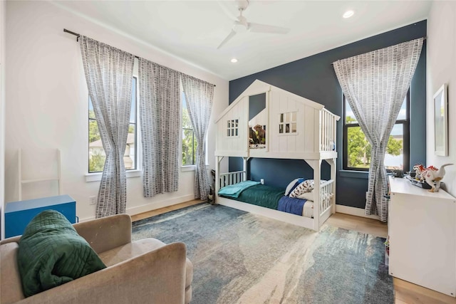 1913 Ebony Ln, Houston, TX 77018 - bedroom with wood finished floors, recessed lighting, baseboards, and a ceiling fan