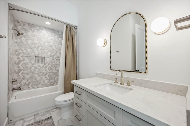 1913 Ebony Ln, Houston, TX 77018 - bathroom featuring vanity, shower / tub combo, toilet, and marble look tiles