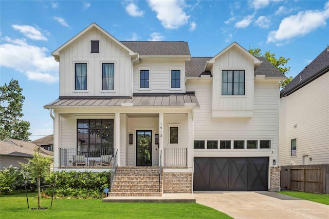 1913 Ebony Ln, Houston, TX 77018 - modern inspired farmhouse featuring a shingled roof, an attached garage, a standing seam roof, and board and batten siding