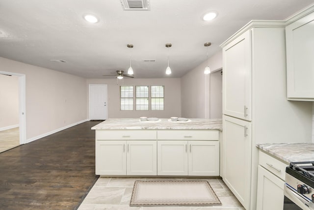 4918 Perry St, Houston, TX 77021 - kitchen featuring a peninsula, a ceiling fan, decorative light fixtures, light stone countertops, and recessed lighting