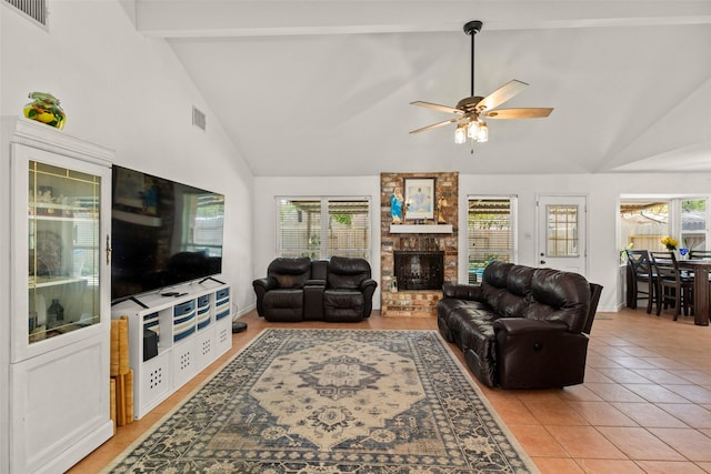 13755 Shirebrook Dr N, Sugar Land, TX 77498 - living room featuring high vaulted ceiling, a brick fireplace, light tile patterned floors, ceiling fan, and beamed ceiling