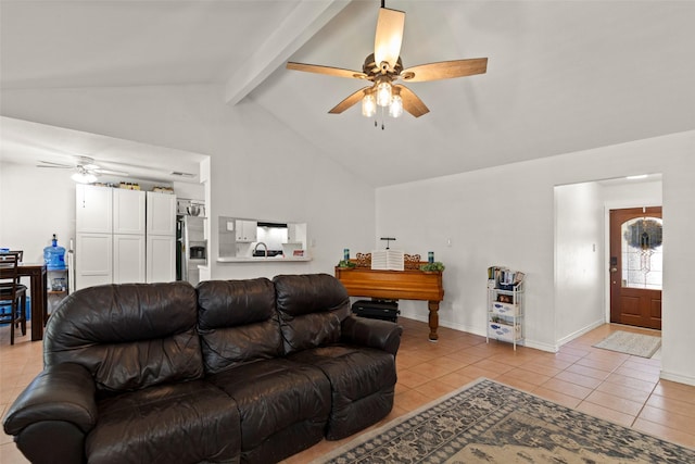 13755 Shirebrook Dr N, Sugar Land, TX 77498 - living area featuring a ceiling fan, light tile patterned floors, beamed ceiling, high vaulted ceiling, and baseboards