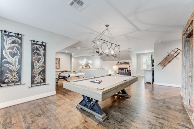 321 Marina Dr, Coldspring, TX 77331 - playroom featuring billiards table, baseboards, wood finished floors, recessed lighting, and a fireplace