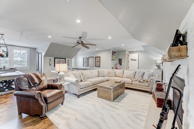 321 Marina Dr, Coldspring, TX 77331 - living area with light wood-style flooring, ceiling fan, recessed lighting, and lofted ceiling
