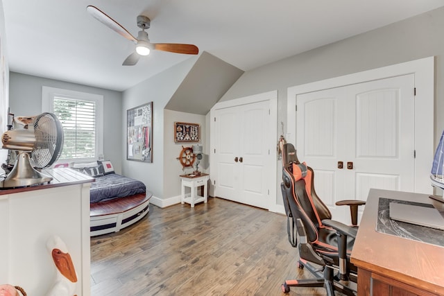 321 Marina Dr, Coldspring, TX 77331 - home office with ceiling fan, wood finished floors, and baseboards