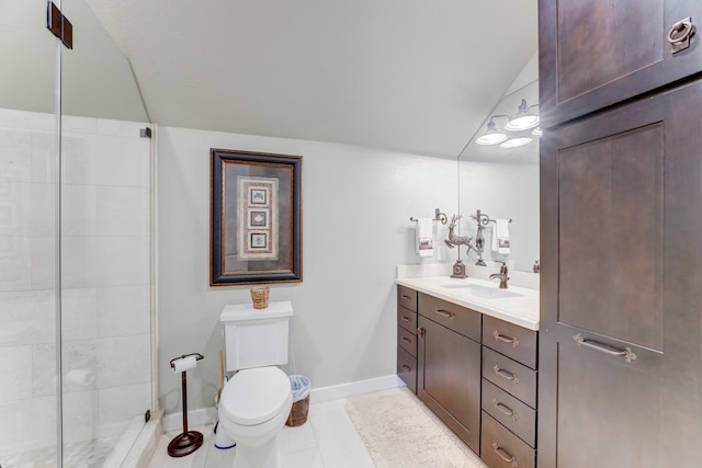 321 Marina Dr, Coldspring, TX 77331 - full bathroom with vanity, toilet, tiled shower, baseboards, and tile patterned floors