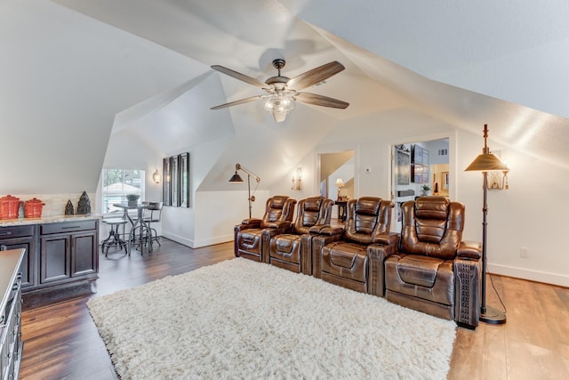 321 Marina Dr, Coldspring, TX 77331 - cinema room with ceiling fan, wood finished floors, baseboards, and vaulted ceiling