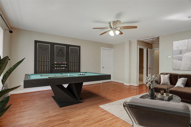 2617 Edgefield Lakes Dr, Houston, TX 77054 - recreation room with attic access, ceiling fan, light wood-style floors, pool table, and baseboards