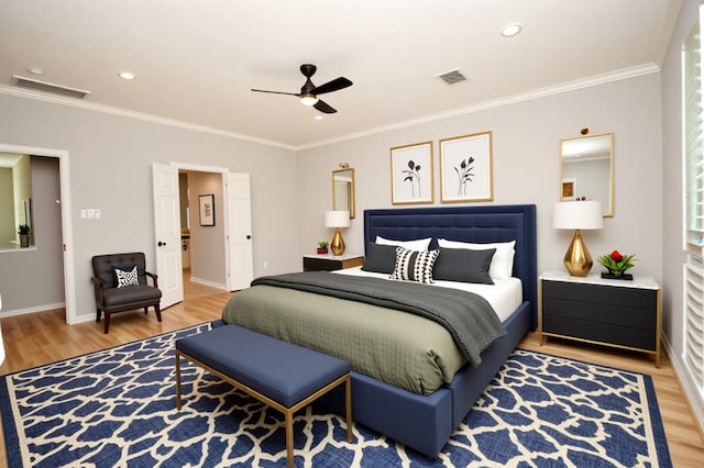 16611 Hope Farm Ln, Cypress, TX 77429 - bedroom with light wood-type flooring, crown molding, baseboards, ceiling fan, and recessed lighting