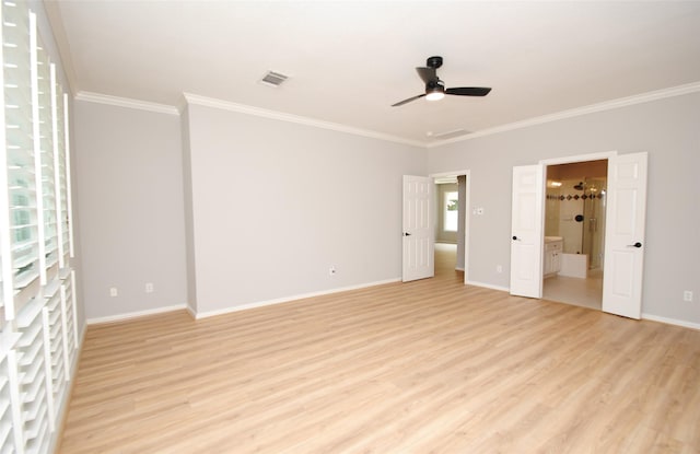 16611 Hope Farm Ln, Cypress, TX 77429 - unfurnished bedroom featuring crown molding, light wood-type flooring, baseboards, ensuite bath, and ceiling fan