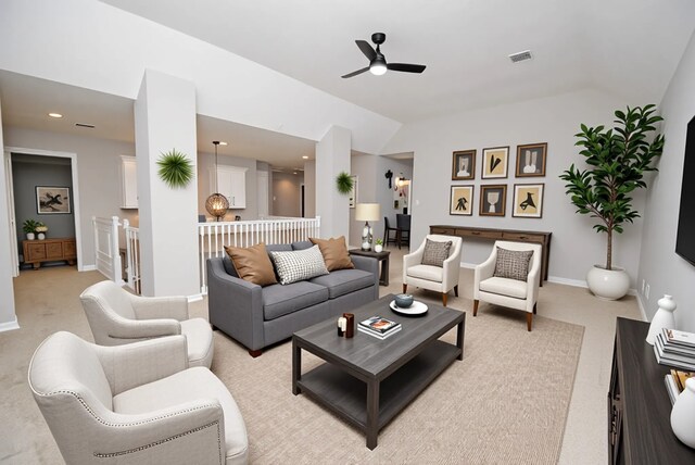 16611 Hope Farm Ln, Cypress, TX 77429 - living room featuring vaulted ceiling, ceiling fan, light carpet, baseboards, and recessed lighting