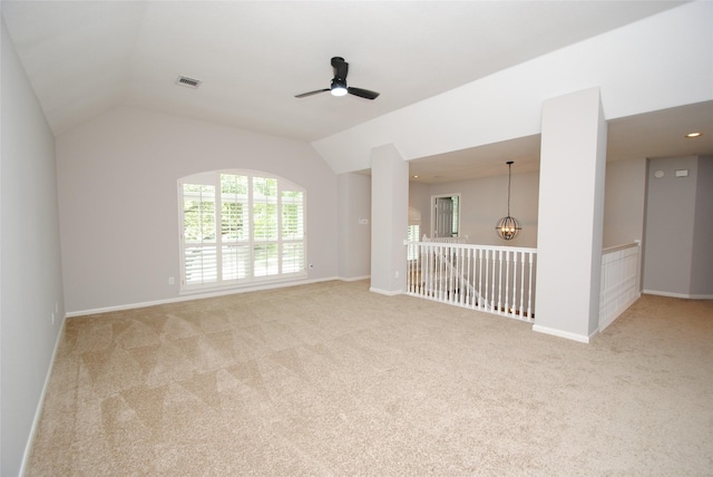 16611 Hope Farm Ln, Cypress, TX 77429 - carpeted empty room featuring ceiling fan, lofted ceiling, a chandelier, and baseboards