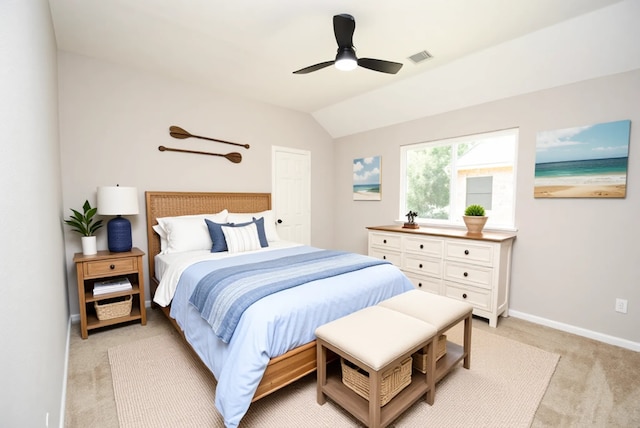 16611 Hope Farm Ln, Cypress, TX 77429 - bedroom with light colored carpet, lofted ceiling, baseboards, and a ceiling fan