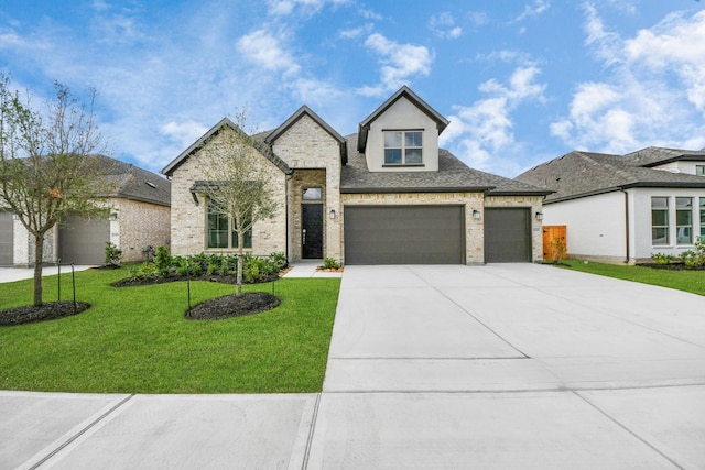 21111 Flowerhorn Dr, Cypress, TX 77433 - french country style house featuring brick siding, a front lawn, concrete driveway, an attached garage, and roof with shingles