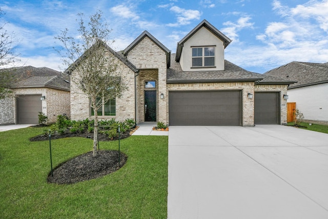 21111 Flowerhorn Dr, Cypress, TX 77433 - french provincial home with a front yard, driveway, brick siding, a shingled roof, and a garage