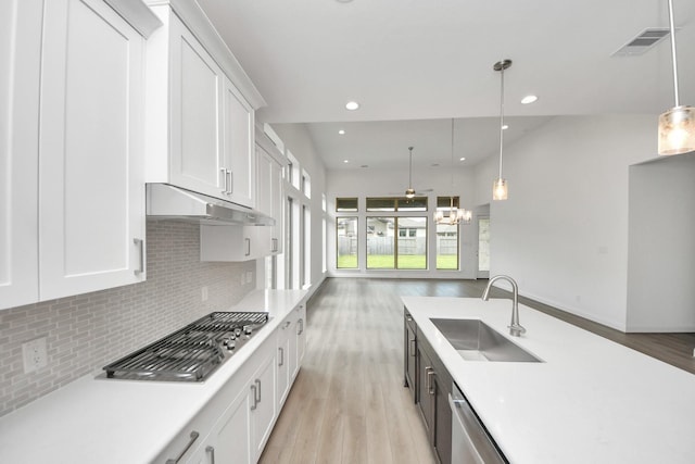 21111 Flowerhorn Dr, Cypress, TX 77433 - kitchen featuring a sink, under cabinet range hood, light countertops, appliances with stainless steel finishes, and light wood-style floors