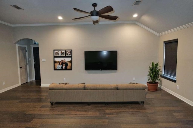 107 Brazos Ct, Richwood, TX 77531 - living room featuring wood finished floors, a ceiling fan, arched walkways, baseboards, and recessed lighting