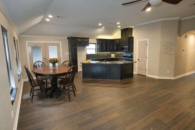 107 Brazos Ct, Richwood, TX 77531 - dining room featuring french doors, a ceiling fan, dark wood-style floors, recessed lighting, and baseboards