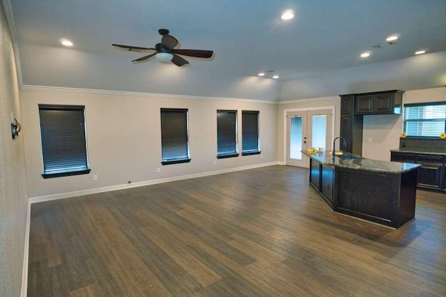107 Brazos Ct, Richwood, TX 77531 - kitchen featuring french doors, ceiling fan, recessed lighting, dark wood-type flooring, and a sink