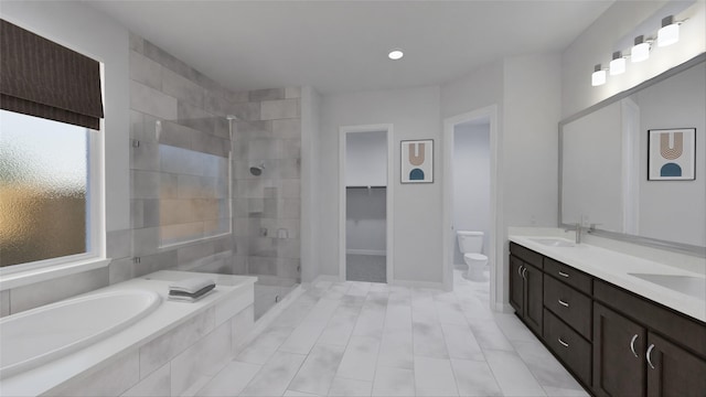 21119 Flowerhorn Dr, Cypress, TX 77433 - bathroom with a tile shower, a garden tub, toilet, double vanity, and tile patterned flooring
