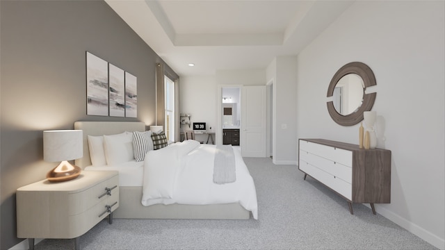 21119 Flowerhorn Dr, Cypress, TX 77433 - carpeted bedroom featuring connected bathroom, baseboards, and a tray ceiling